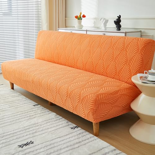 Stretch Armless Futon Sofa Cover- Futon Slipcover Full Queen Size Futon Couch Cover, Furniture Protector with Elastic Bottom, Washable, Polyester Spandex Jacquard Fabric (Orange, Medium(61"-73")) SUIOKPO