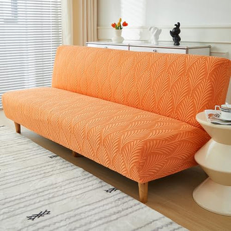 Stretch Armless Futon Sofa Cover- Futon Slipcover Full Queen Size Futon Couch Cover, Furniture Protector with Elastic Bottom, Washable, Polyester Spandex Jacquard Fabric (Orange, Medium(61"-73")) SUIOKPO