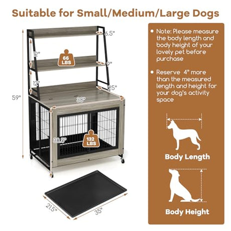 Giantex Dog Crate Furniture with Storage Shelves, 38" Furniture Style Indoor Dog Kennel on Wheels, 3 Doors, Flip Top Lid, Removable Pull-Out Tray, Dog Cage Pet House for Large Dogs, Oak Gray Giantex