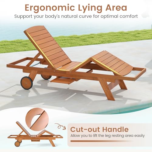 Tangkula Lounge Chair Outdoor with Wheels, Patio Wood Chaise Lounge with 4-Position Adjustable Backrest & Leg Area, Extendable Side Table, Pool Sunbathing Reclining Lounger for Outside Backyard (1)