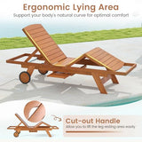 Tangkula Lounge Chair Outdoor with Wheels, Patio Wood Chaise Lounge with 4-Position Adjustable Backrest & Leg Area, Extendable Side Table, Pool Sunbathing Reclining Lounger for Outside Backyard (1)