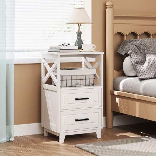 May in Color Set of 2 White Nightstand with 2 Drawers and Open Shelf, Bedside Table with Solid Feet, Modern Night Stand End Table for Bedroom, Living Room, Home Office May in Color