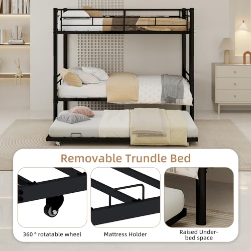 IHUESHO Triple Bunk Bed with Trundle, 400lb Heavy Duty Metal Twin Over Twin Bunkbed, 13.19" Extra High Guardrail, 3-in-1 Convertible to 3 Separate Beds, Kids Teens Adults, No Box Spring (Black) IHUESHO