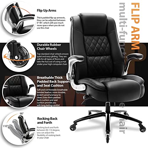 High Back Office Chair- Flip Arms Adjustable Built-in Lumbar Support, Executive Computer Desk Chair Work Chairs, Thick Padded Strong Metal Base Quiet Wheels, Ergonomic Design for Back Pain EZAKI
