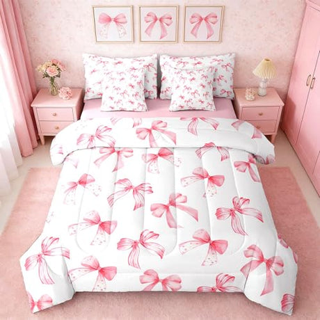 Feelyou Pink Bow Bed Set for Kids Boys Girls Queen Size Cute Dreamy Princess Style 7 Pieces Beeding Set Ultra Soft Bow Pattern Bed in a Bag with Comforter, Sheets, Pillowcases Bowknot Room Decor Feelyou