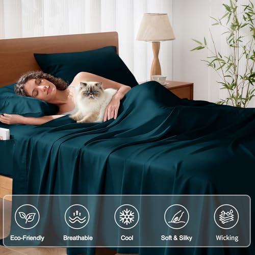 KRIMANO Full Size Sheet Set, Viscose Bamboo Sheets for Bed Set 4pcs, 100% Viscose Derived from Bamboo, Hotel Luxury Silky & Cooling for Hot Sleepers, Deep Pocket Up to 17", Navy Blue KRIMANO