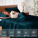 KRIMANO Full Size Sheet Set, Viscose Bamboo Sheets for Bed Set 4pcs, 100% Viscose Derived from Bamboo, Hotel Luxury Silky & Cooling for Hot Sleepers, Deep Pocket Up to 17", Navy Blue KRIMANO