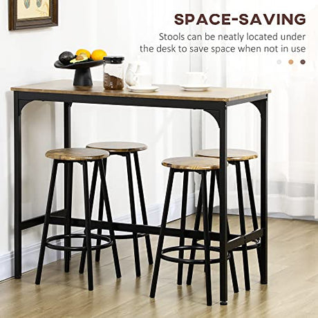 HOMCOM Rustic 5-Piece Counter Height Bar Table Set with 4 Stools - Industrial Brown Dining Ensemble HOMCOM