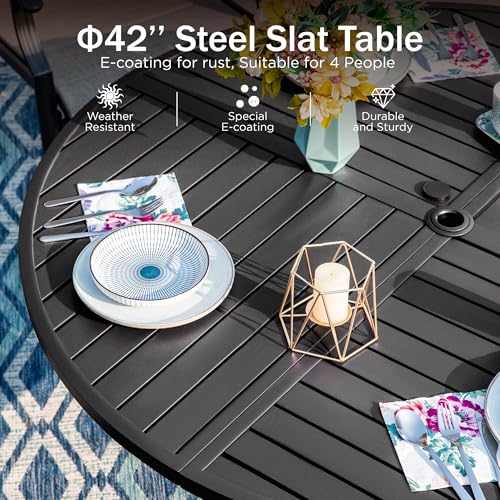 PHI VILLA Round Patio Dining Set for 4 Person, 42'' Round Metal Slat Table with Umbrella Holes and 4 High Back Fixed Chairs All Weather Outdoor Table and Chairs Set for Deck Garden Yard PHI VILLA