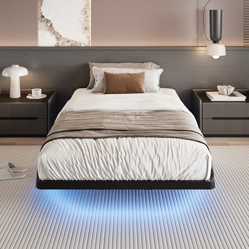 SHA CERLIN Floating Bed Frame Twin Size with Smart LED Lights and Charging Station, Heavy Duty Metal Platform Bed with Modern Design,No Box Spring Needed, Easy Assembly, Matte Black SHA CERLIN