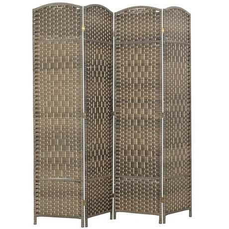 HOMCOM 4 Panel Room Divider, 6' Tall Folding Privacy Screen, Woven Freestanding Wall Partition for Home Office, Bedroom, Dark Rustic Oak HOMCOM