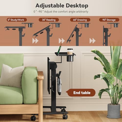 Liftsync 28Inch Rolling Standing Desk On Wheels， Small Computer Workstation Adjustable Height， Mobile Laptop Stand with Tiltable Desktop， 2-Tier Portable Study Table with Storage Shelves， Black Liftsync