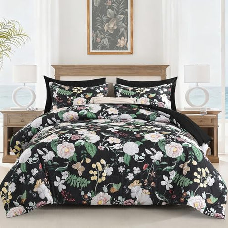Anibedding 7Pieces Floral Queen Size Comforter Set, Garden Plant Flower Style Bed in a Bag Black White Bedding Comforter Set with Pillow Case for Bedroom Anibedding