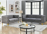 Velvet Living Room Sofa Set of 2, Comfy Loveseat and 3 Seater Couch, Modern Sofa with Tufted Back and Rivet Decoration, Upholstered Long Couch with Solid Golden Metal Tapered Legs, Grey KINFFICT