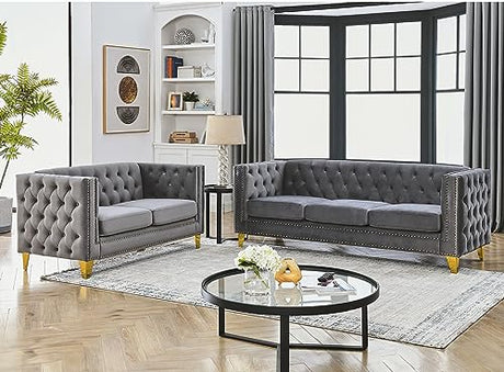 Velvet Living Room Sofa Set of 2, Comfy Loveseat and 3 Seater Couch, Modern Sofa with Tufted Back and Rivet Decoration, Upholstered Long Couch with Solid Golden Metal Tapered Legs, Grey KINFFICT