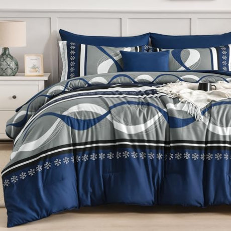 Anibedding Navy Blue Comforter Set Queen Size,8 Pieces Boho Bed in a Bag Patchwork Striped Comforter Set, Soft Microfiber Bedding Set for All Season(90"×90") Anibedding