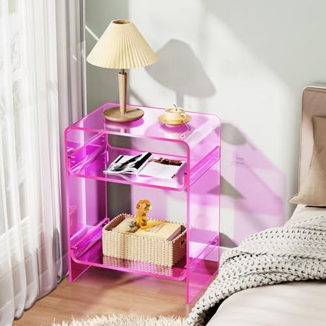 Acrylic Record Player Table with Storage Shelf, Clear Side Table Nightstand (Pink, Large) Acrylicolor