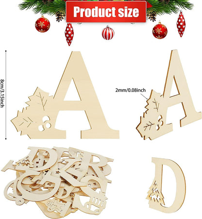 52 Pieces Christmas Wooden Letters Unfinished Wood Blank Letters Xmas Wooden Alphabet Letters Paintable Rustic Letters Crafts - WoodArtSupply
