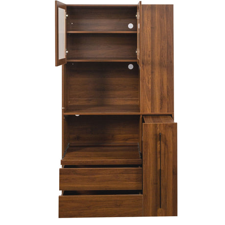 Tall Kitchen Pantry Cabinet With 4 Tier Side Shelf, 2 Drawers, Freestanding Food Hutch With Microwave Stand For Dining Room - Walnut HouseOfZazla