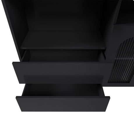 Kitchen Island With Extendable Rotating Table, 4 Drawers & Glass Door Cabinets, Built In Socket - Black HouseOfZazla