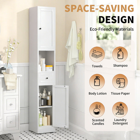 Tall Bathroom Storage Cabinet, 5-Tier Narrow With 2 Doors & Adjustable Shelves, Freestanding - White HouseOfZazla