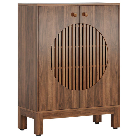 5 Tier Shoe Cabinet With Round Louvered Doors, Storage Organizer - Brown HouseOfZazla