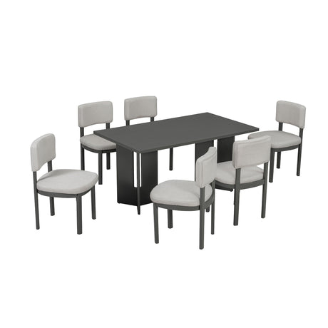 Dining Table Set With 6 Upholstered Chairs, Rectangular Table With Cutout Legs HouseOfZazla