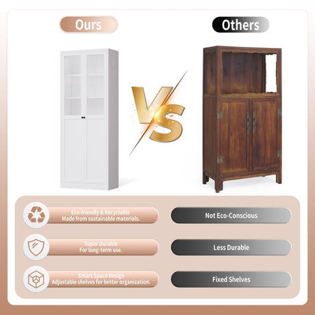 Tall Metal Kitchen Pantry Cabinet With Adjustable Shelves And Silent Magnetic Doors - White HouseOfZazla