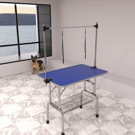 Folding Dog Pet Grooming Table Stainless Steel Frame Rubber Mat On Board With Adjustable Arm And Clamps Pet Dog Cat Grooming Table HouseOfZazla