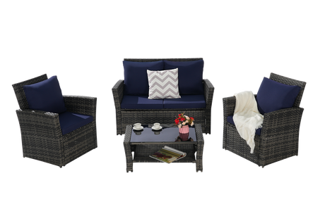 4 Pieces Outdoor Patio Furniture Set with Rattan Chairs and Tempered Glass Table HouseOfZazla
