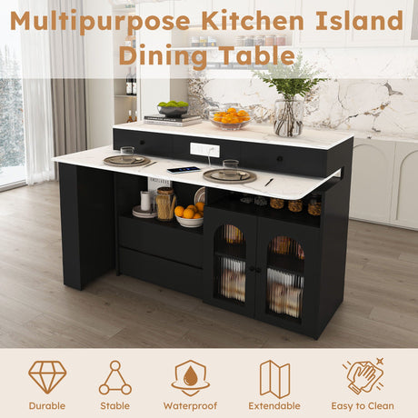 Kitchen Island With Extendable Rotating Table, 4 Drawers & Glass Door Cabinets, Built In Socket - Black HouseOfZazla