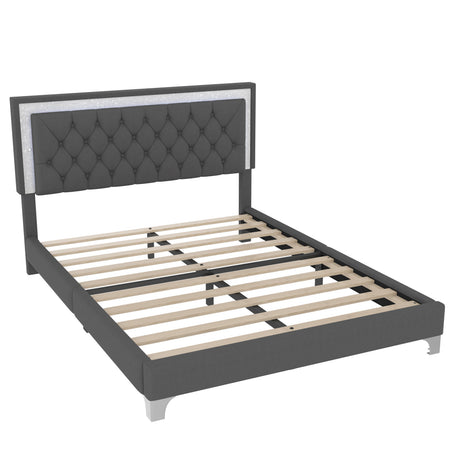 3-Pieces Bedroom Set, Queen Size Upholstered Platform Bed with LED Lights and Two Nightstands - Gray HouseOfZazla