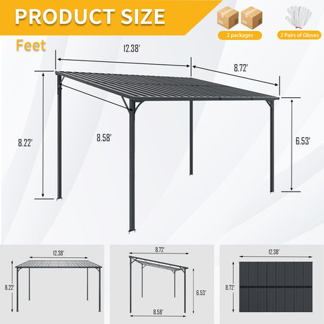Outdoor Pergola 12' x 8' Galvanized Steel Lean-to Wall-Mounted HouseOfZazla