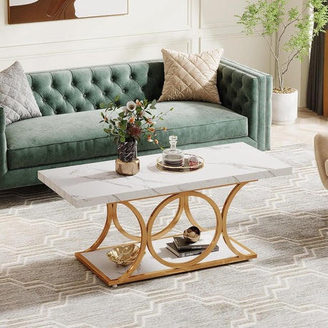 Rectangle Coffee Table, 2 Tier With Geometric Legs, Furniture With Storage Shelf - White / Gold HouseOfZazla