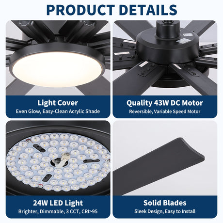 Large Ceiling Fan With Dimmable LED Light 8 Blades Remote Control, Reversible DC Motor HouseOfZazla