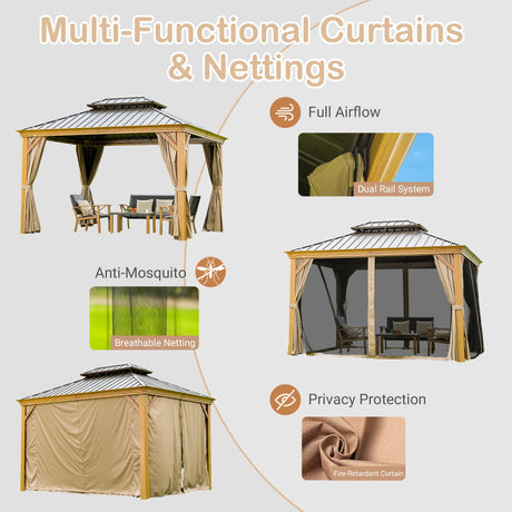10' x 14' Hardtop Gazebo with Galvanized Steel Double Roof and Wood Grain Frame HouseOfZazla