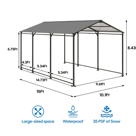 Metal Carport 10 5Ft Heavy Duty With Galvanized Steel Roof Metal Garage Canopy With Galvanized Steel Roof & Frame Car Tent Outdoor Storage Shed - Gray HouseOfZazla