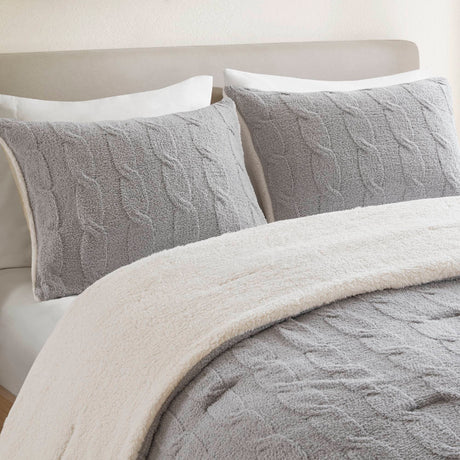 3 Pieces Full/Queen Cable Knit Chenille Comforter Set Gray HouseOfZazla