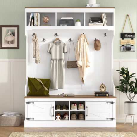 Hall Tree With Bench And Shoe Storage, 5 In 1 Entryway Organizer Cabinet With Coat Rack, 4 Shoe Cubbies & 7 Hooks - White HouseOfZazla