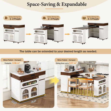 Extendable Dining Table With Folding Top, Rolling Kitchen Island With Drawers And Power Outlet HouseOfZazla