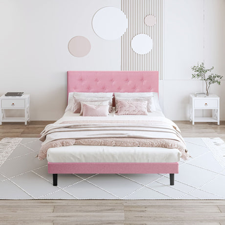 Modern Upholstered Platform Bed Frame With Button Tufted Fabric Headboard HouseOfZazla