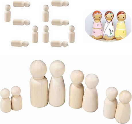 56 PCS Unfinished Natural Wooden Peg Dolls,Little Wooden Peg People for Painted or Craft WoodArtSupply