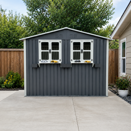 6x9 FT Outdoor Metal Storage Shed with Window & Flower Rack HouseOfZazla
