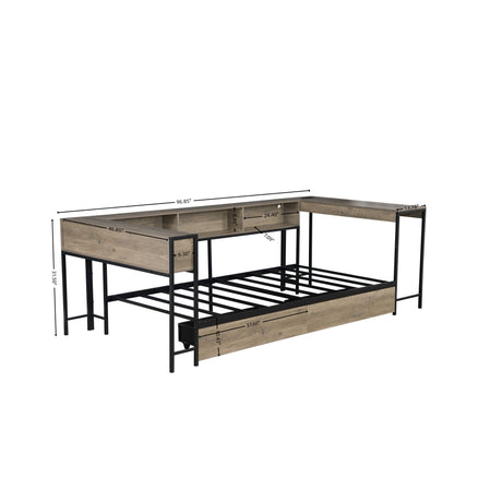 Corner Bed Frame Twin Size With Bookcase And 2 Underbed Storage Drawers, Modern Twin Bed With LED Light And Charging Station, Modern Daybed Reversible Left Or Right - Gray HouseOfZazla