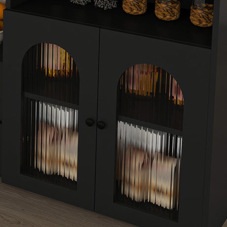 Kitchen Island With Extendable Rotating Table, 4 Drawers & Glass Door Cabinets, Built In Socket - Black HouseOfZazla