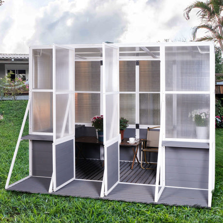 Greenhouse, Wooden Lean To Greenhouses For Outdoors, Heavy Duty Walk In Green House For Outside Winter, Large Hot House For Sunroom Storage Shed, Garden, Backyard - White / Gray HouseOfZazla