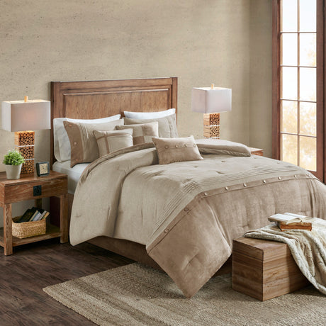 7 Piece Faux Suede Comforter Set Tan California King HouseOfZazla