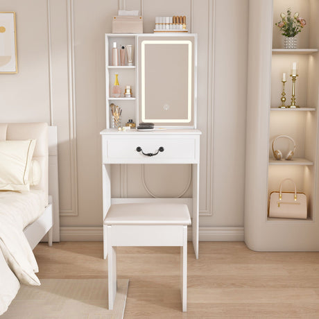 Modern Mini Dressing Table With Led-Lit Mirror & Hidden Storage, Adjustable Brightness Vanity Desk - White HouseOfZazla