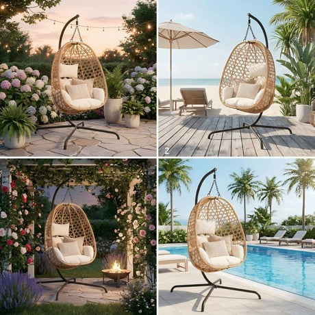 Set of 2 Egg Chairs with Stand - Patio Wicker Hanging Hammock Swing HouseOfZazla