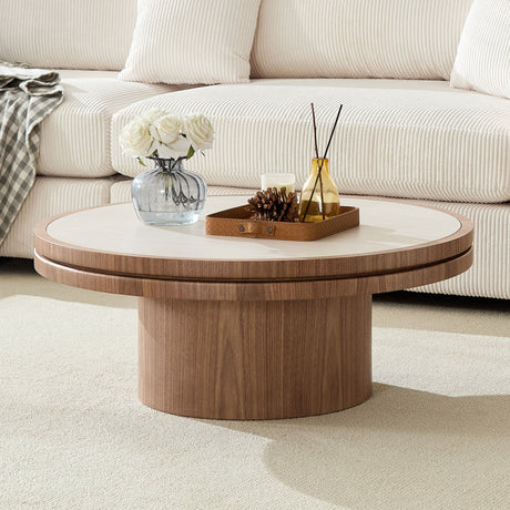 35.43 Inch Coffee Table with Sintered Stone Tabletop in Walnut HouseOfZazla